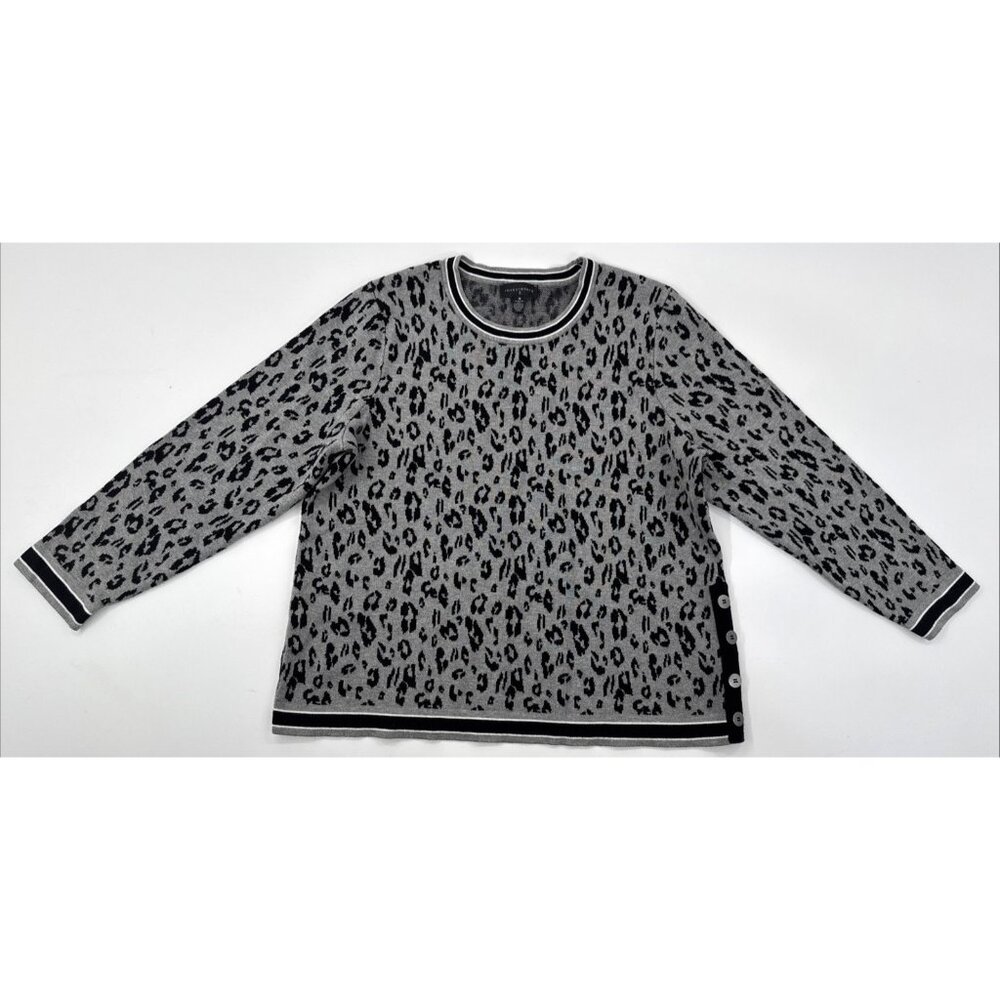 Investments Womens Sweater 1X Gray Animal Print Pullover Stretch Soft Buttons